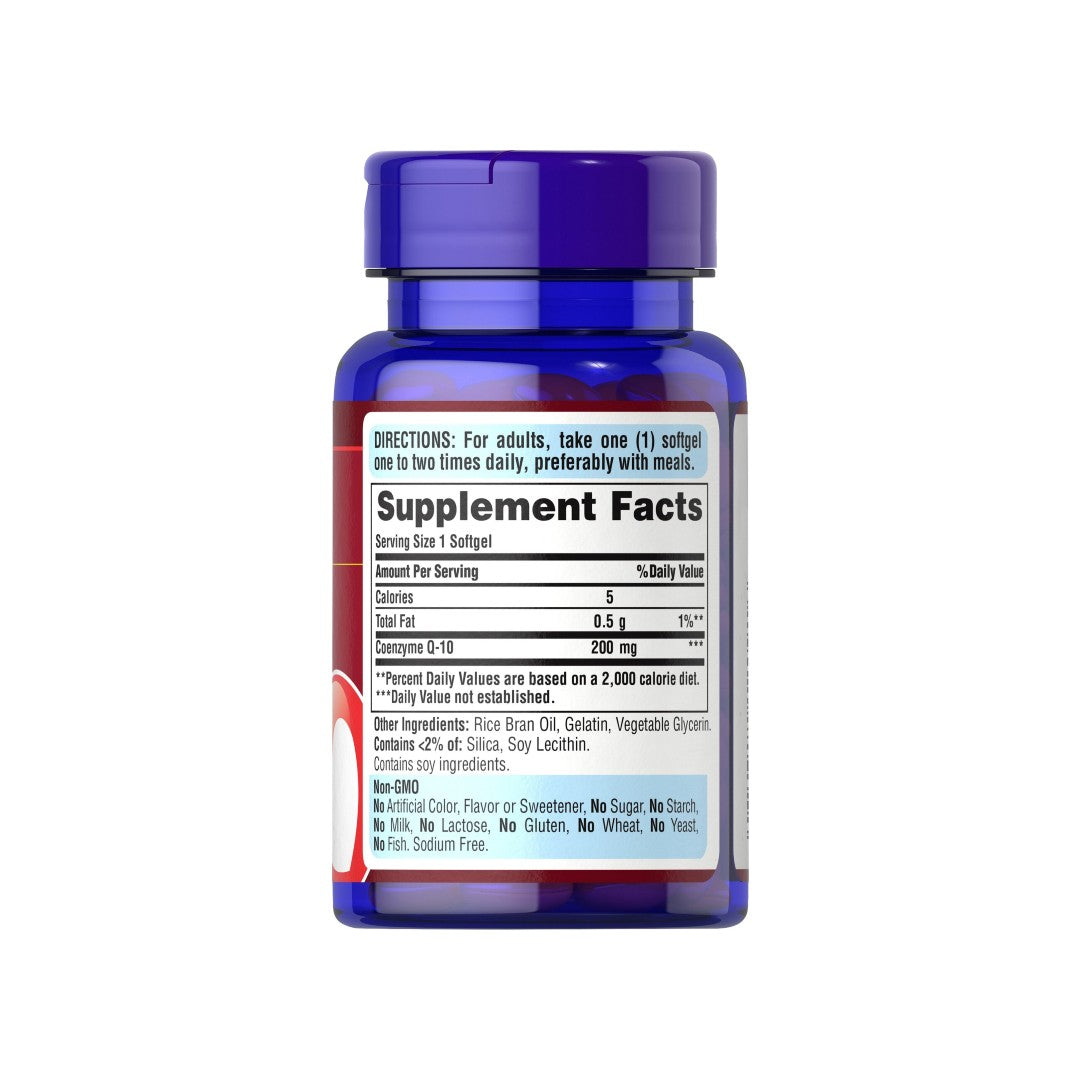 A bottle of Coenzyme Q10 - 200 mg 60 Rapid Release Softgels Q-SORB™ by Puritan's Pride with a blue label.