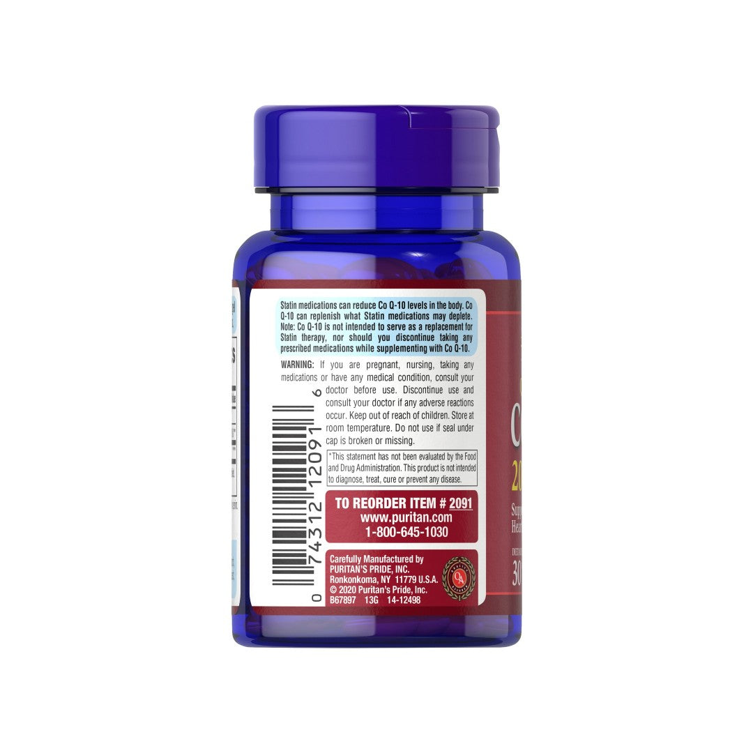The back of a bottle of Coenzyme Q10 - 200 mg 60 Rapid Release Softgels Q-SORB™ by Puritan's Pride.