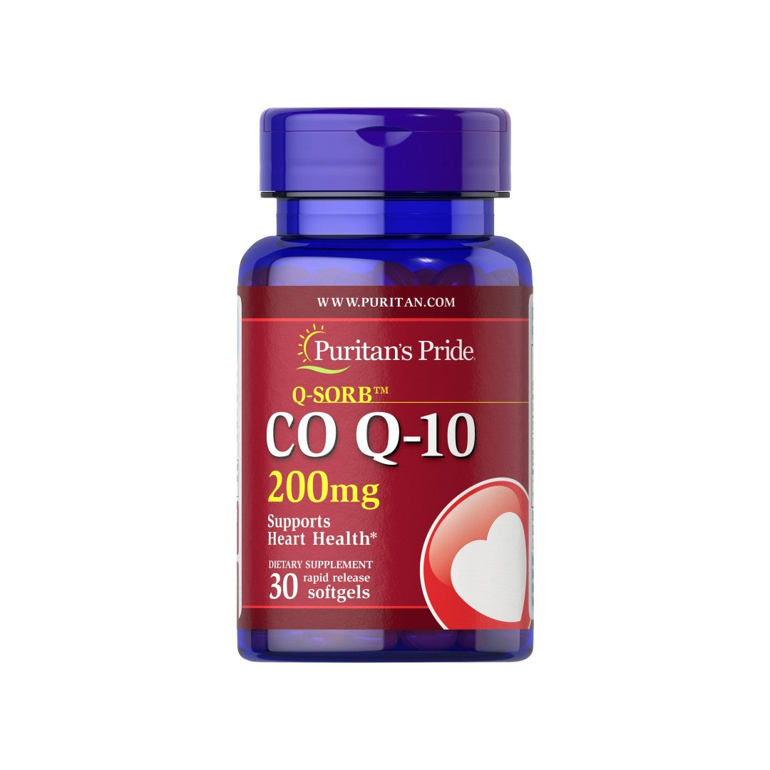 A bottle of Coenzyme Q10 - 200 mg 60 Rapid Release Softgels Q-SORB™ Puritan's Pride.