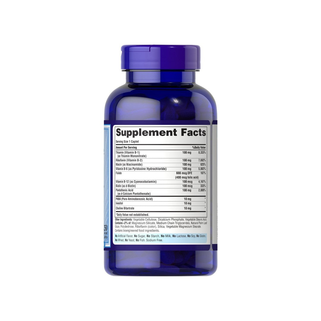 A bottle of Vitamin B-100 Complex Timed Release 250 Coated Caplets, promoting cardiovascular maintenance and energy metabolism, showcased against a clean white background. 
Brand Name: Puritan's Pride