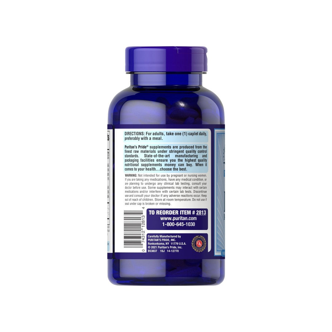 The back of a bottle of Puritan's Pride Vitamin B-100 Complex Timed Release 250 Coated Caplets, containing information on cardiovascular maintenance and B-family vitamins.