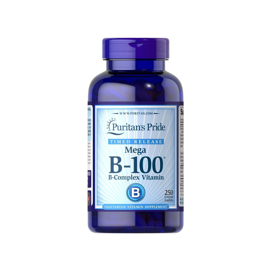 A bottle of Vitamin B-100 Complex Timed Release 250 Coated Caplets from Puritan's Pride - 100 supplements.