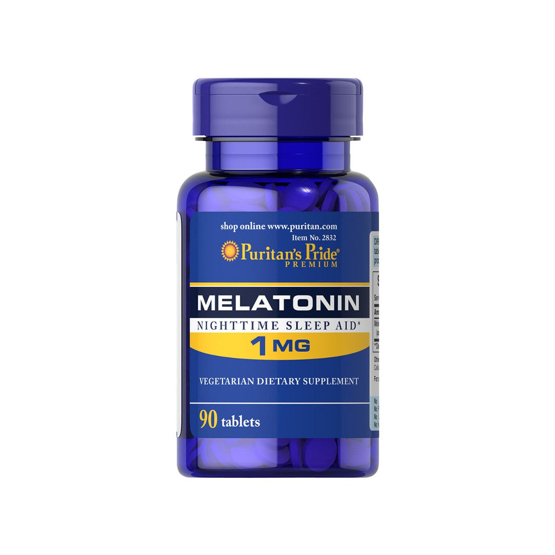 The bottle of Puritan's Pride Melatonin 1 mg 90 Tablets.