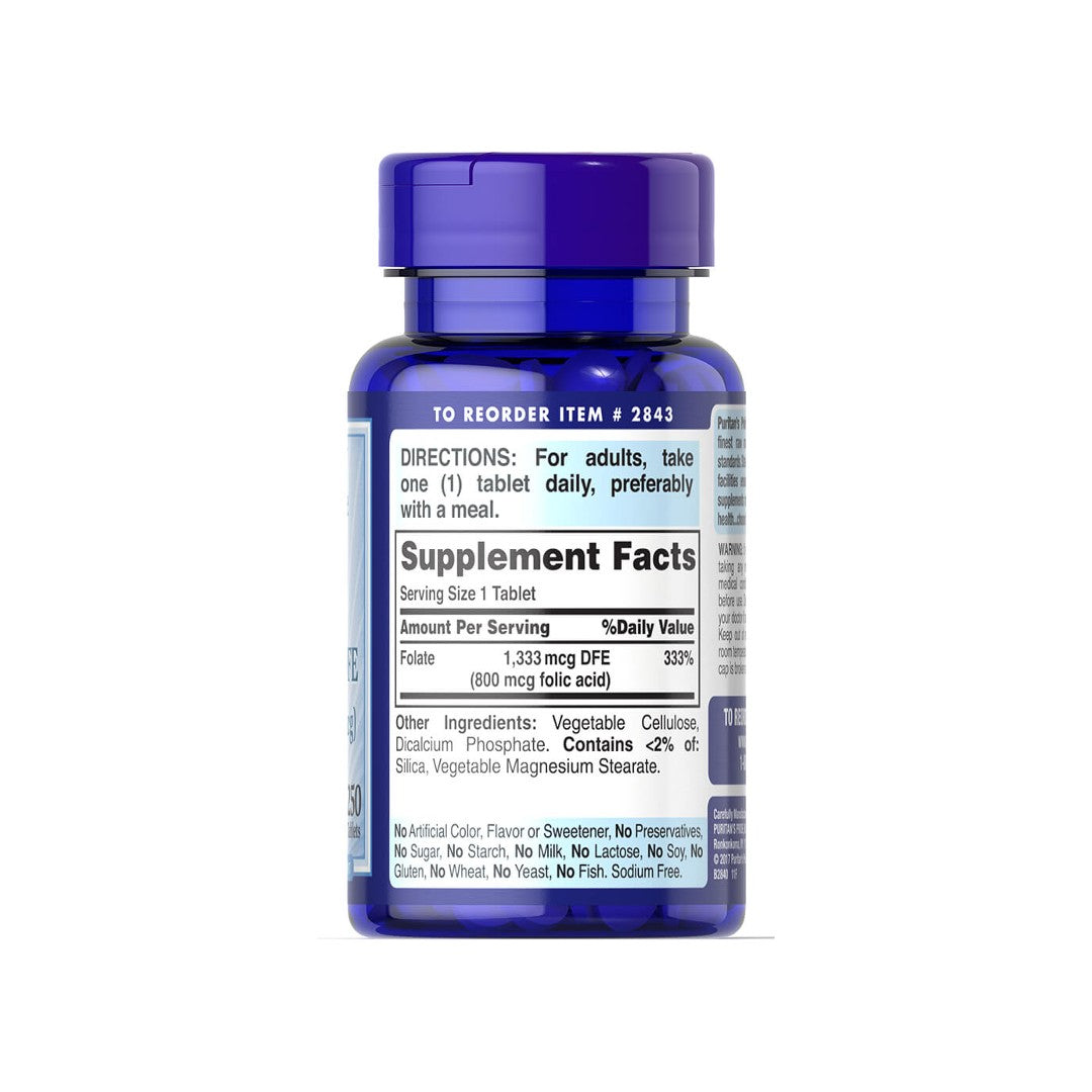 A bottle of Puritan's Pride Folate 1333mcg (800 mcg folic acid) 250 tab supplements on a white background.