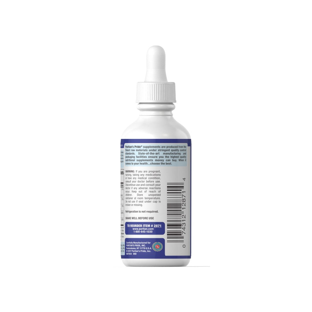 A bottle of Puritan's Pride B-Complex with Vitamin B12 Liquid - 59 ml on a white background.