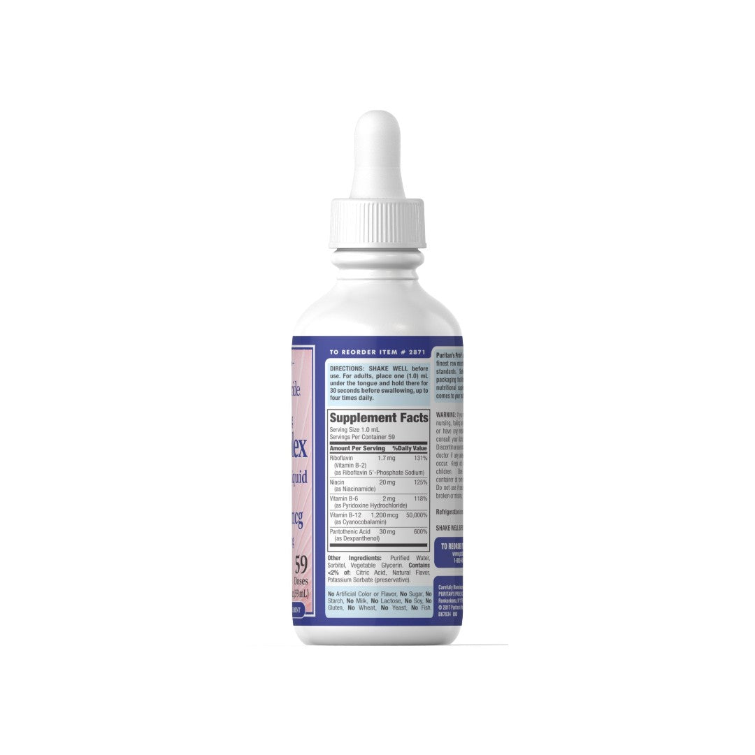 A bottle of B-Complex with Vitamin B12 Liquid - 59 ml by Puritan's Pride on a white background.