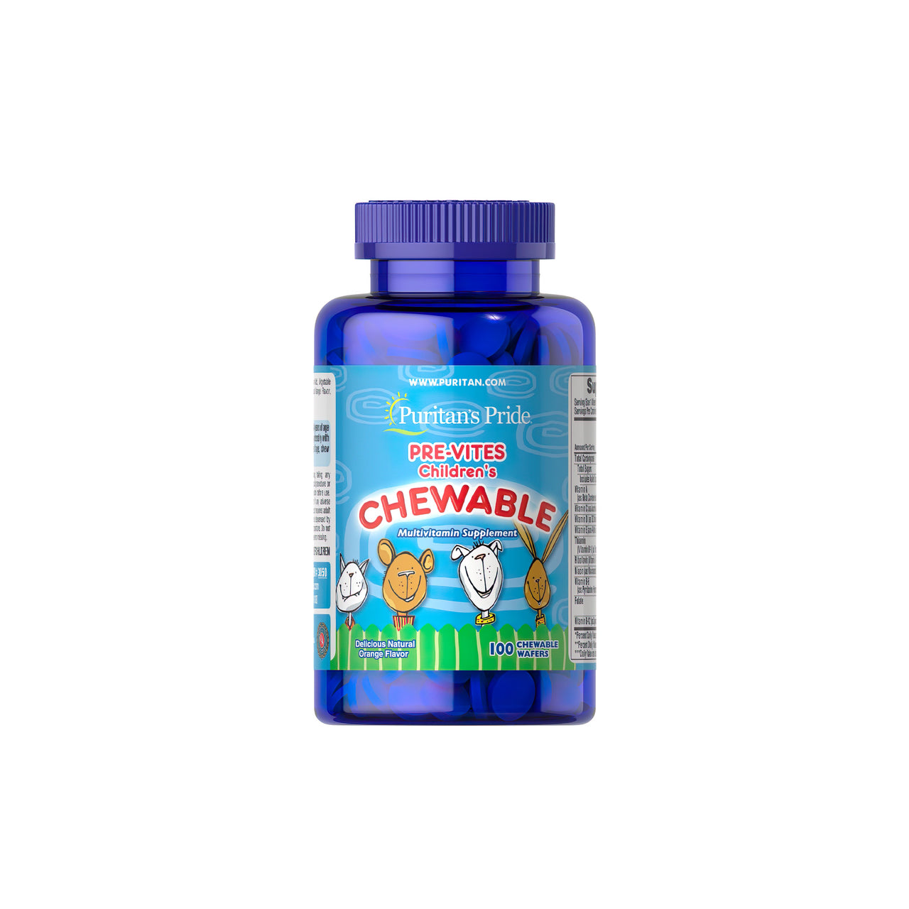 A bottle of PRE- Vites Chlidren's multivitamin 100 chewable wafers by Puritan's Pride with essential vitamins.