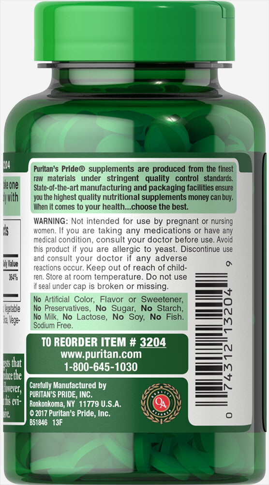 The back of a bottle of Puritan's Pride Selenium 200 mcg 200 softgel, promoting thyroid function and immune system health with antioxidants.
