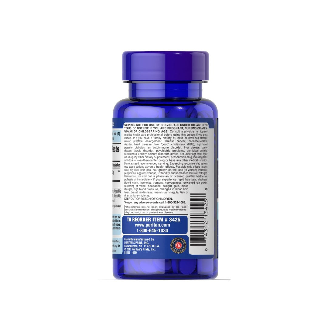 The back of a blue bottle with a label on it of DHEA - 25 mg 250 tabs by Puritan's Pride.