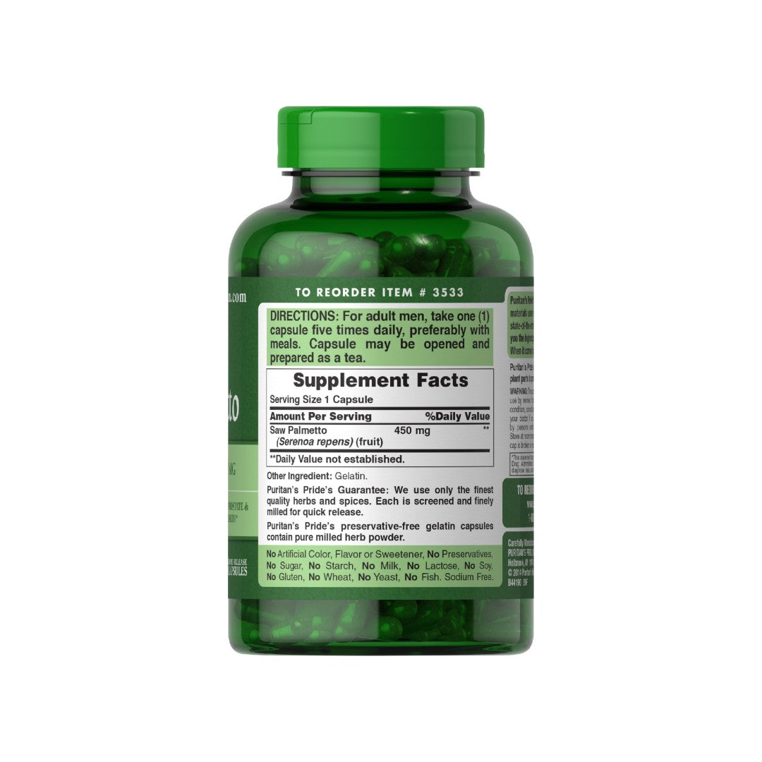 A bottle of green tea extract, fortified with Puritan's Pride Saw Palmetto 450 mg 200 Rapid Release Capsules for prostate health and improved urinary function.