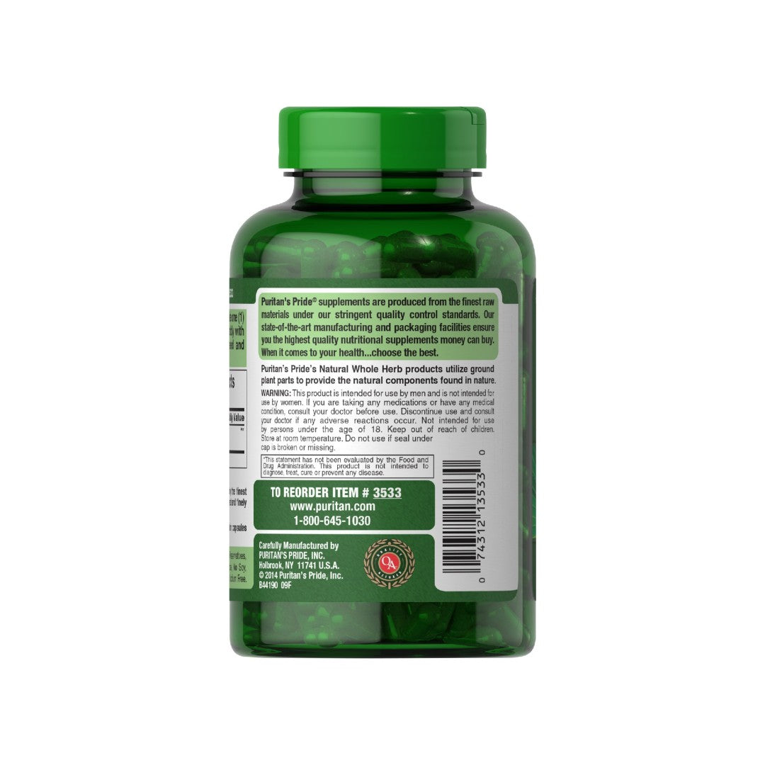 The back of a bottle of Saw Palmetto 450 mg 200 Rapid Release Capsules, promoting its benefits for prostate health and urinary function, brought to you by Puritan's Pride.