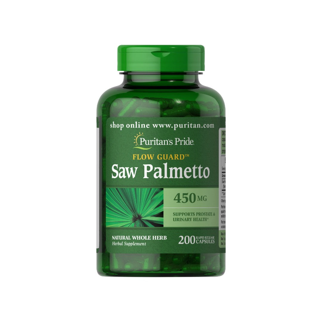 A bottle of Puritan's Pride Saw Palmetto 450 mg 200 Rapid Release Capsules, promoting urinary function and prostate health.