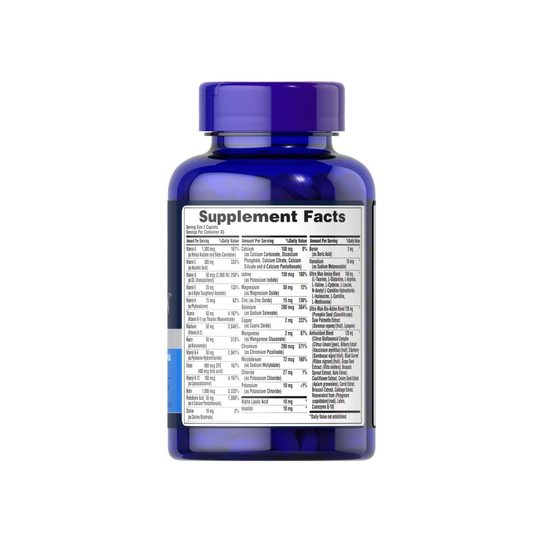 A bottle of Puritan's Pride Ultra Vita Man Sport Time Release 90 tablets on a white background, containing essential vitamins and minerals.