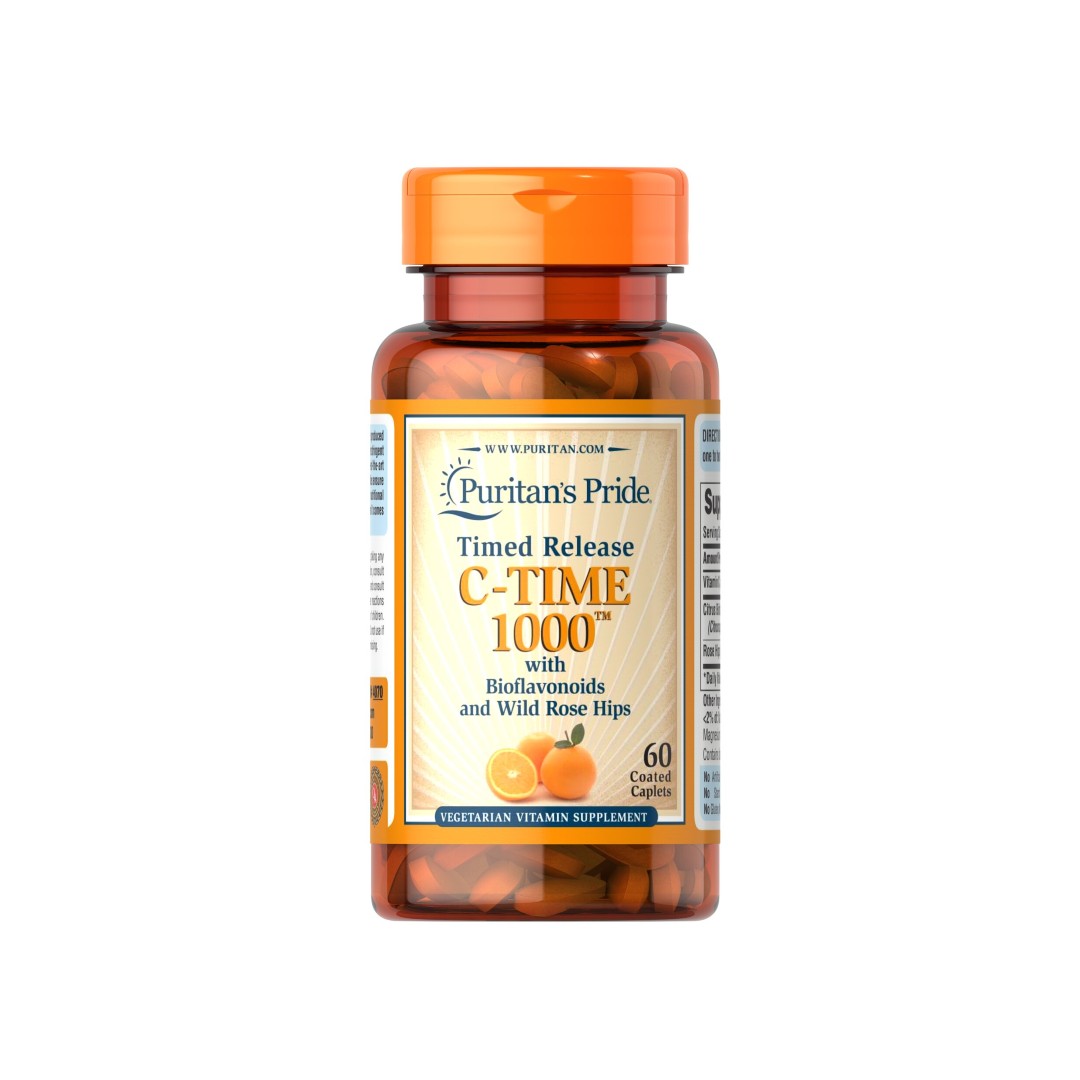 A bottle of Vitamin C-1000 mg with Rose Hips Timed Release 60 Coated Caplets - Puritan's Pride.