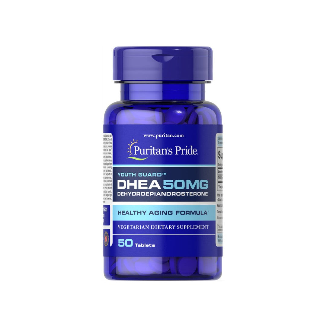 A bottle of Puritan's Pride DHEA 50 mg 50 tabs capsules.