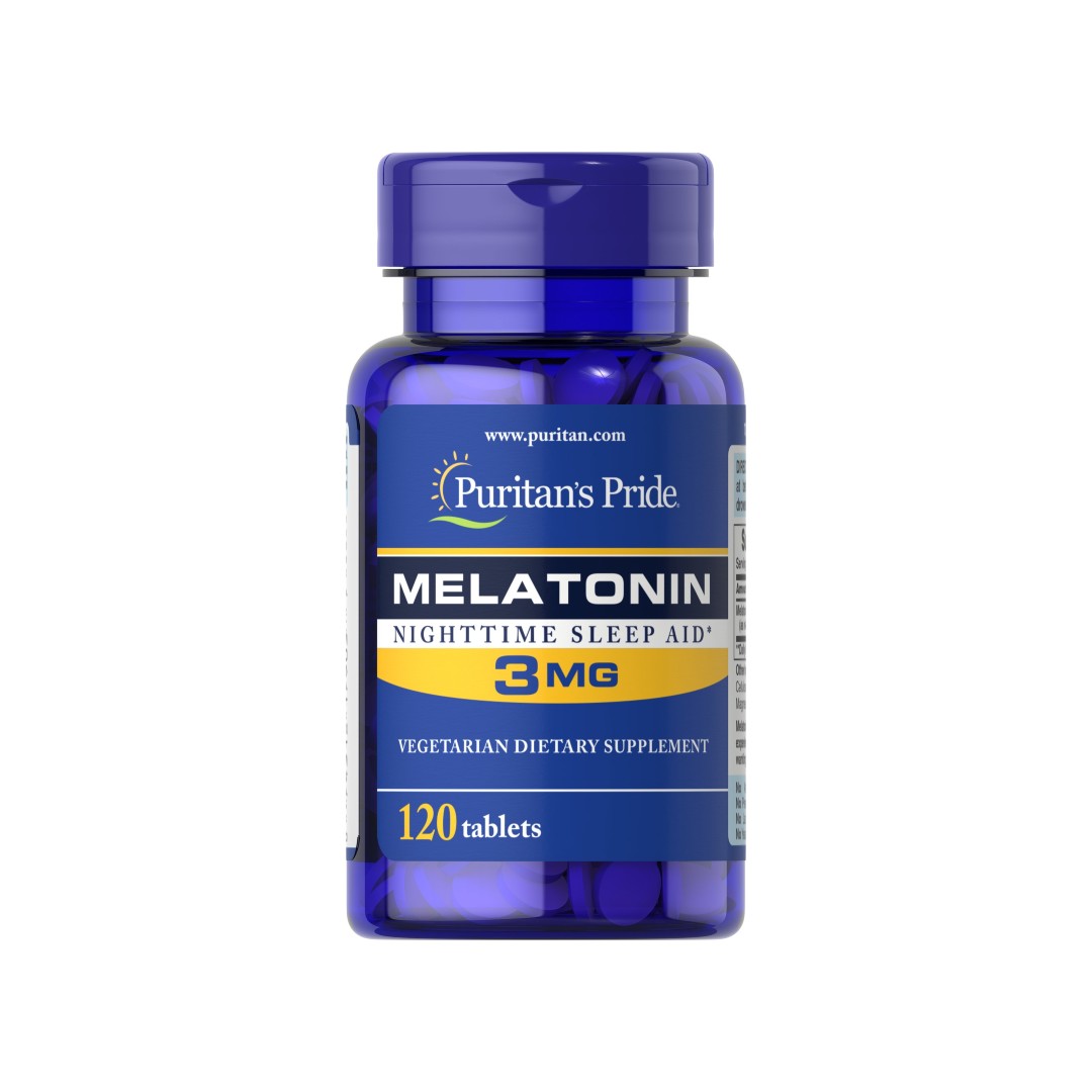 A bottle of Melatonin 3 mg 120 Tablets from Puritan's Pride.