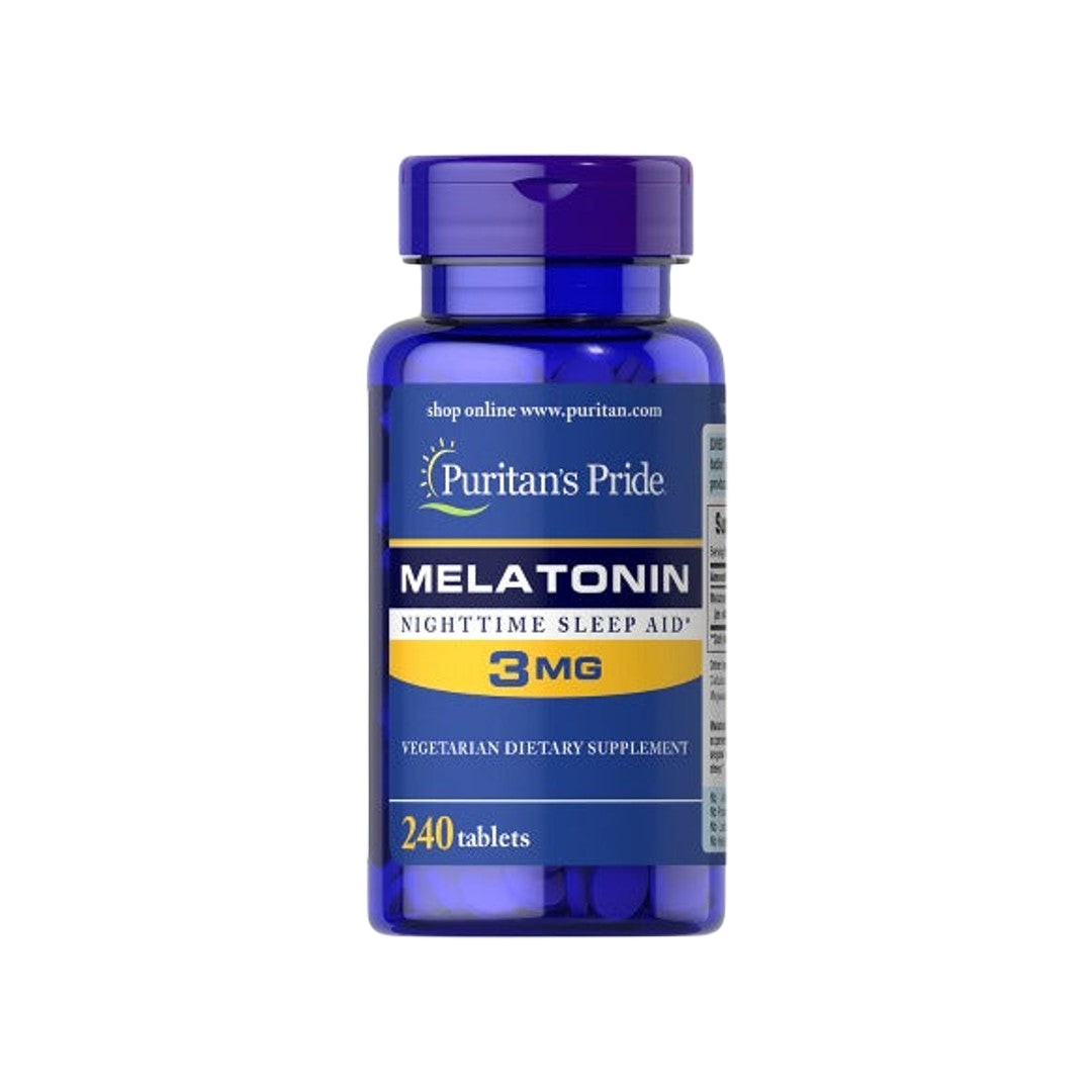 A bottle of Puritan's Pride Melatonin 3 mg 240 Tablets.