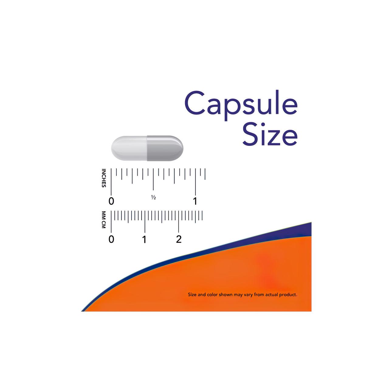 An orange and blue label with the words "capsule size" promoting Now Foods N-Acetyl Cysteine 600mg 100 veg caps.