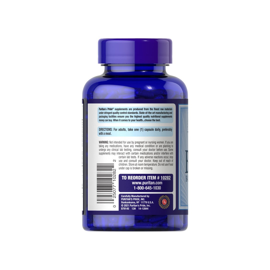 The back of a bottle of Vitamin B-100 Complex 100 Rapid Release Capsules, highlighting its benefits for cardiovascular maintenance and energy metabolism. – Puritan's Pride