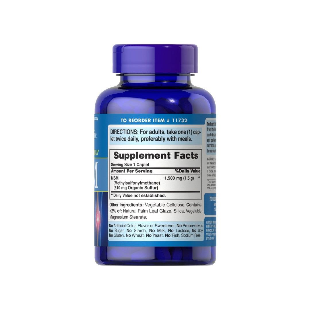 A bottle of MSM 1500 mg 120 Coated Caplets supplement for joint health by Puritan's Pride.