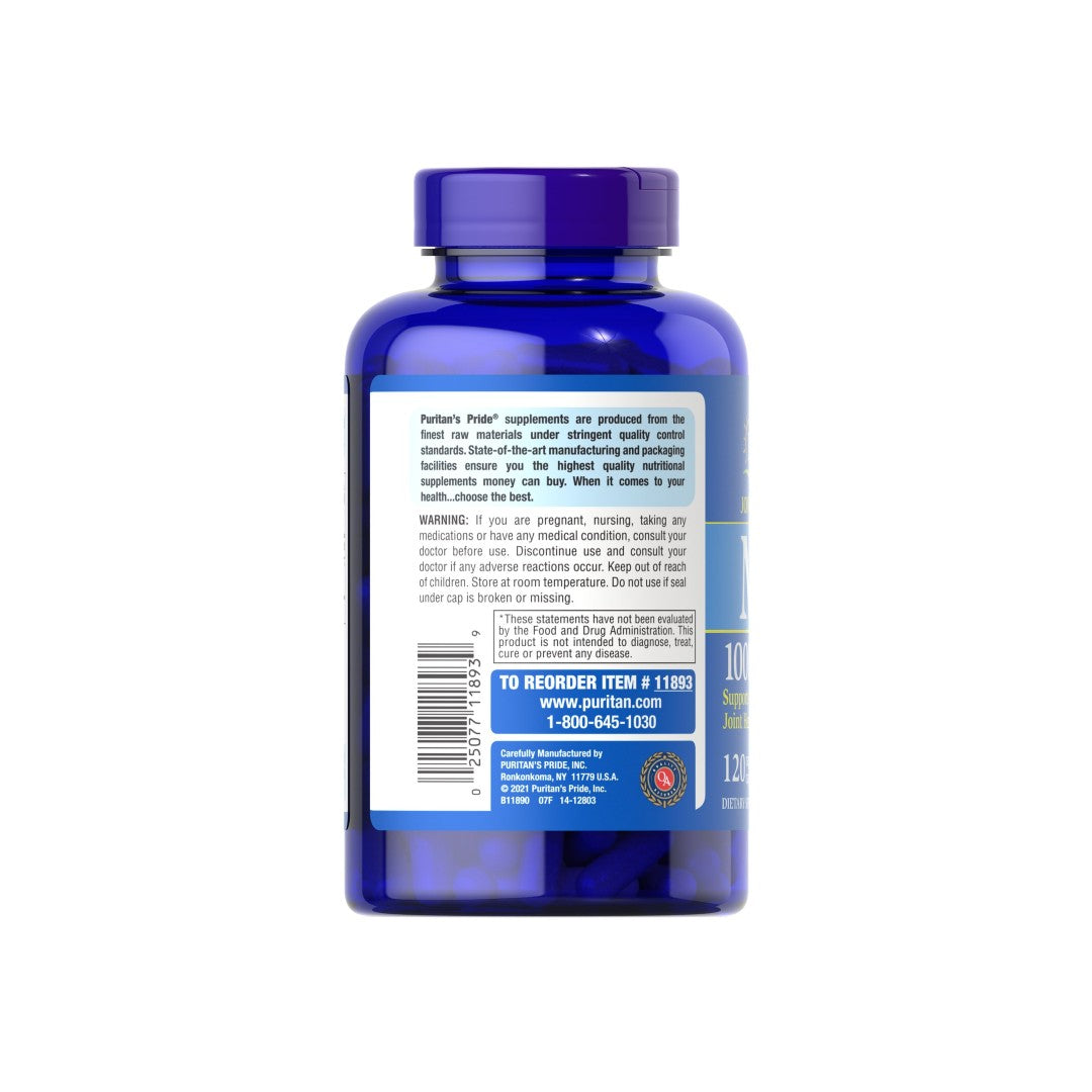The back of a bottle of Puritan's Pride MSM 1000 mg 120 Rapid Release Capsules, designed to support connective tissue and joint health. Enhanced with MSM for added benefits.