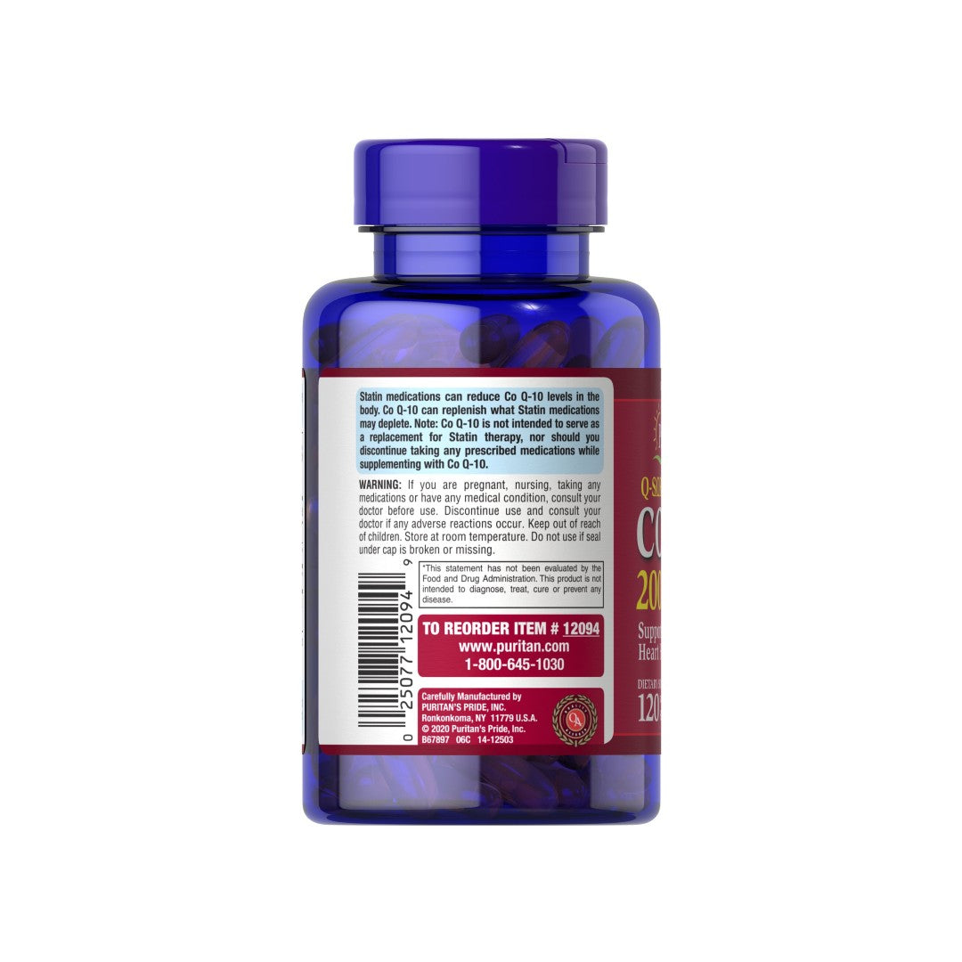 The back of a bottle of Coenzyme Q10 Rapid Release 200 mg 120 Sgel Q-SORB™ by Puritan's Pride.