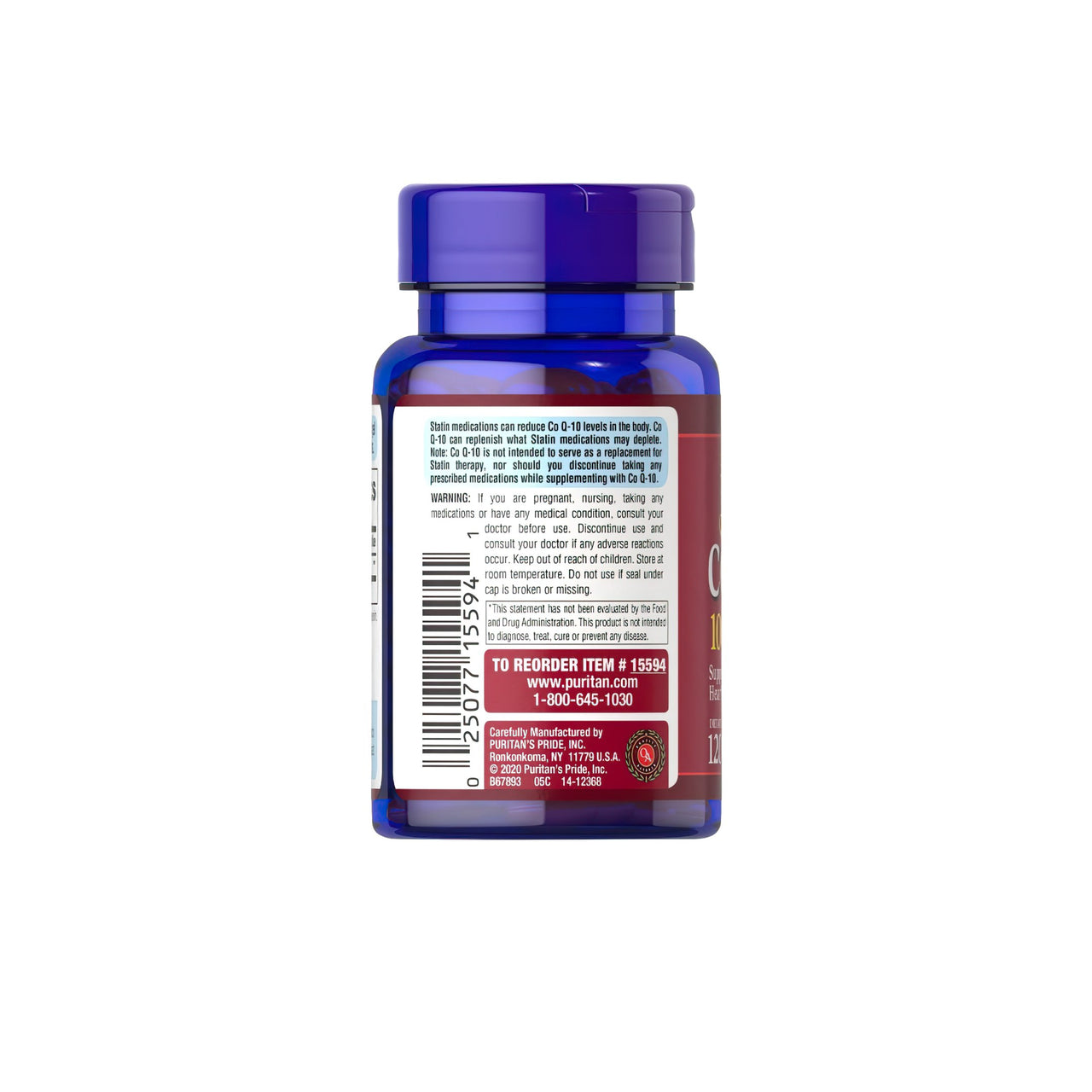 A bottle of Coenzyme Q10 100 mg - 120 Rapid Release Softgels by Puritan's Pride on a white background.