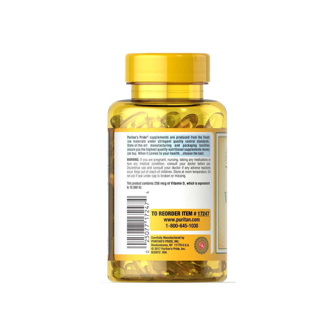 A bottle of Puritan's Pride Vitamins D3 10000 IU 200 Rapid Release Softgels, essential for immune function, on a white background.