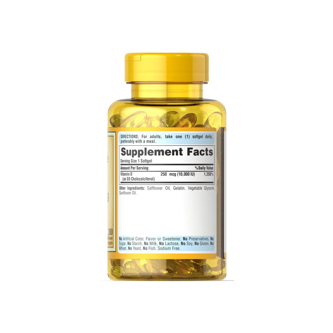 A bottle of Puritan's Pride Vitamins D3 10000 IU 200 Rapid Release Softgels on a white background.