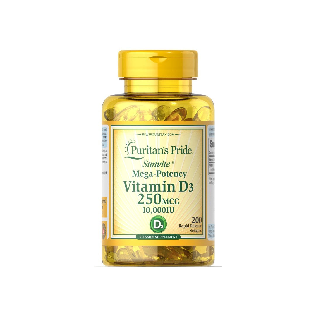 A bottle of Puritan's Pride Vitamins D3 10000 IU 200 Rapid Release Softgels, essential for calcium absorption and immune function.