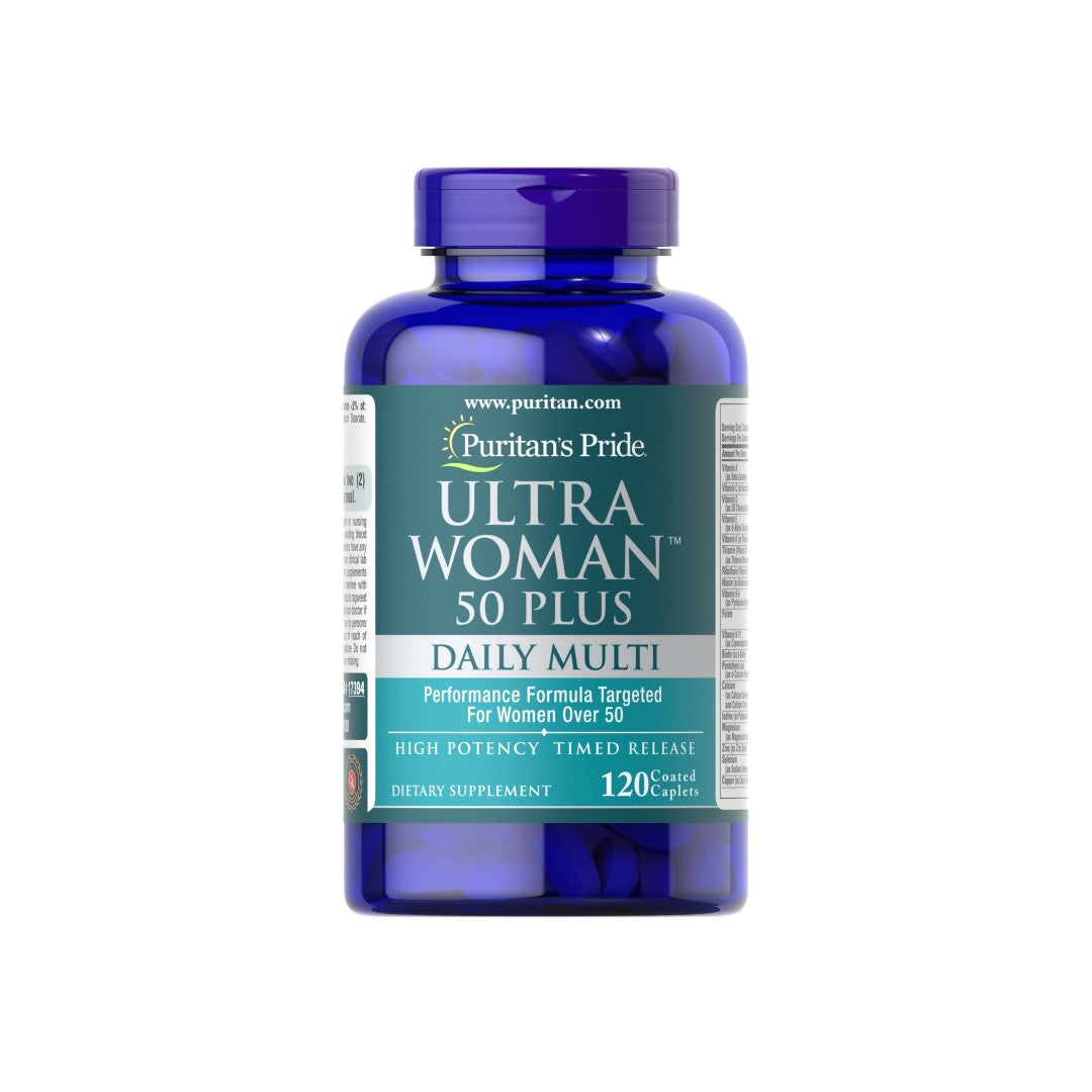 This Puritan's Pride Ultra Woman 50 Plus 120 tabs description highlights the benefits of this multi-vitamin, which provides antioxidant and immune support as well as promoting cardiovascular health.