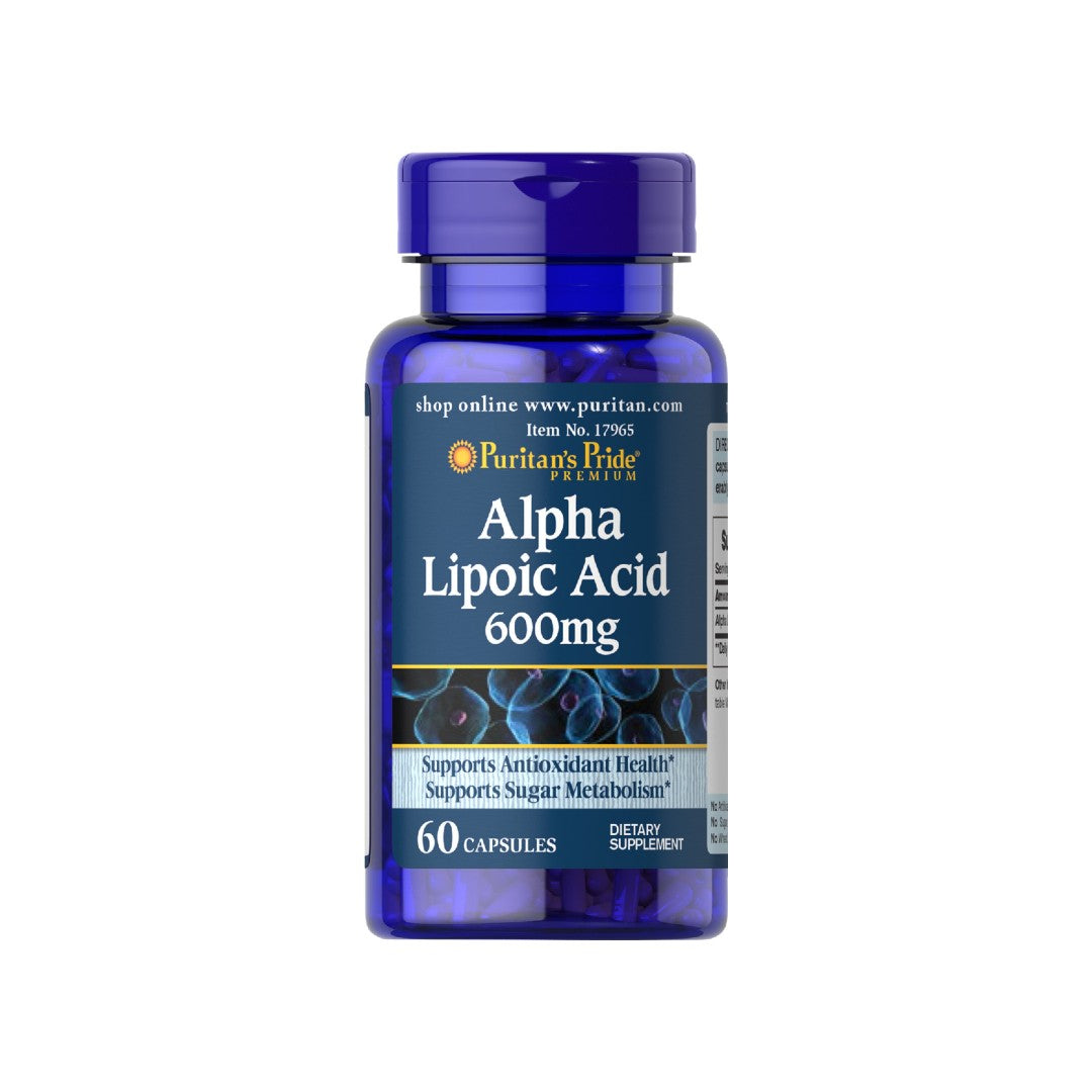 A bottle of Alpha Lipoic Acid - 600 mg 60 capsules by Puritan's Pride.