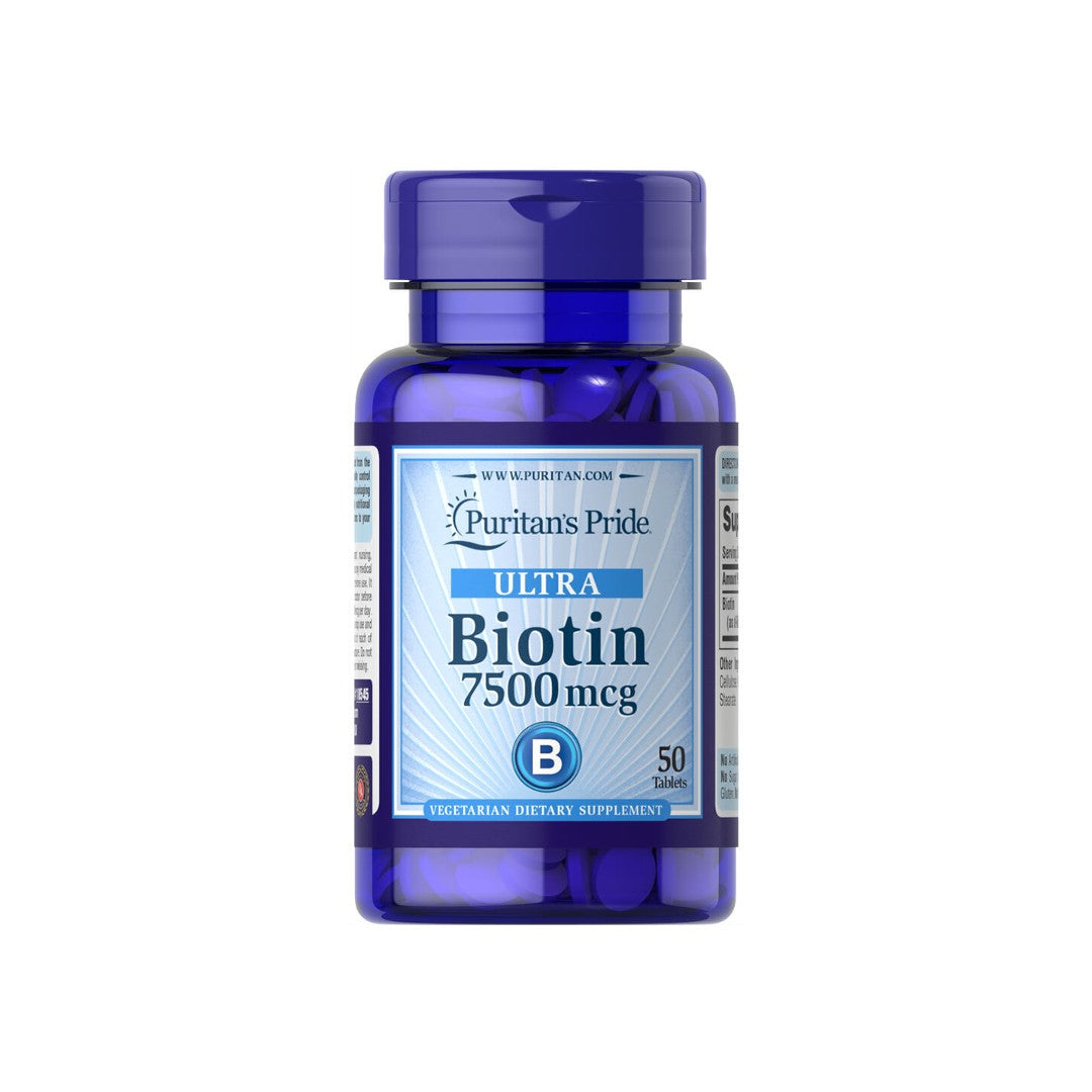 A dietary supplement bottle of Biotin - 7.5 mg 100 tablets by Puritan's Pride.