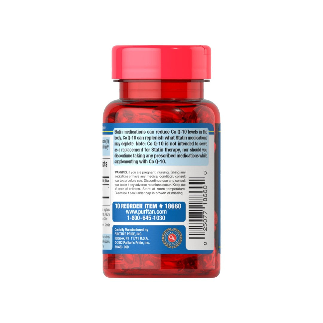 The back of a bottle of Ubiquinol CoQ10 100 mg 60 Rapid Release Softgels by Puritan's Pride for enhanced cardiovascular strength.