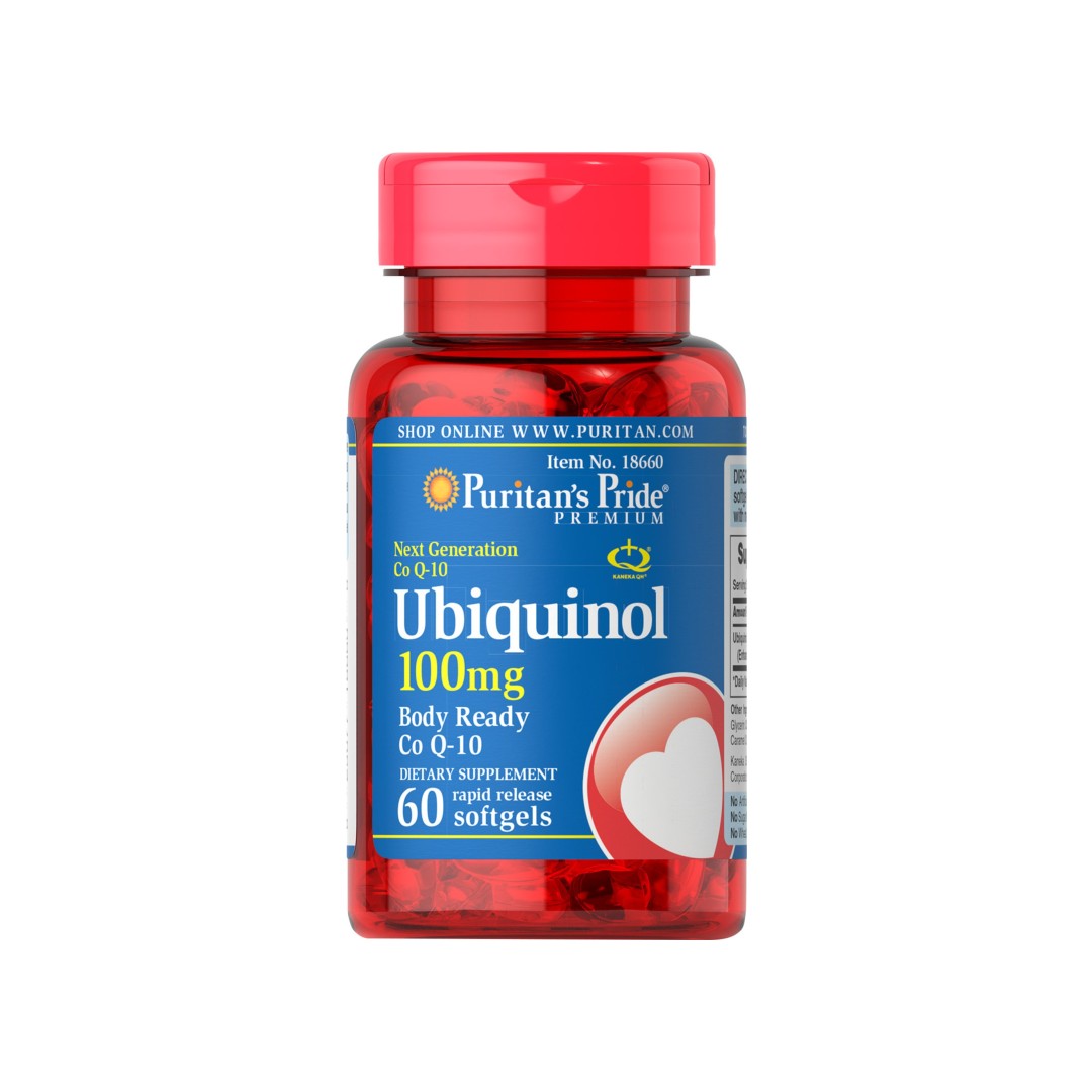 A bottle of Ubiquinol CoQ10 100 mg 60 Rapid Release Softgels from Puritan's Pride, promoting cardiovascular strength.