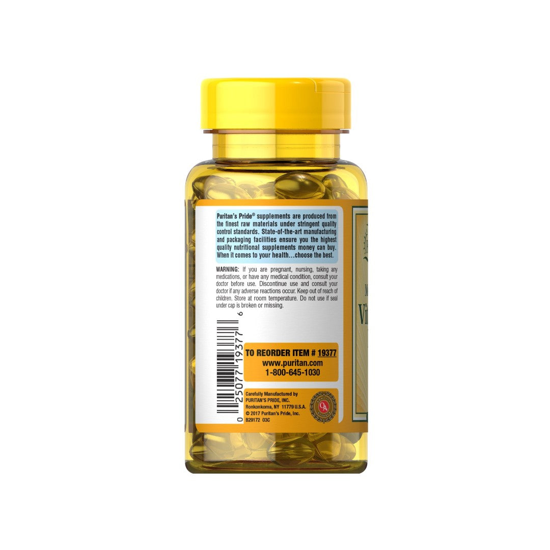 A bottle of Puritan's Pride Vitamins D3 5000 IU 100 Rapid Release Softgels with a yellow label.