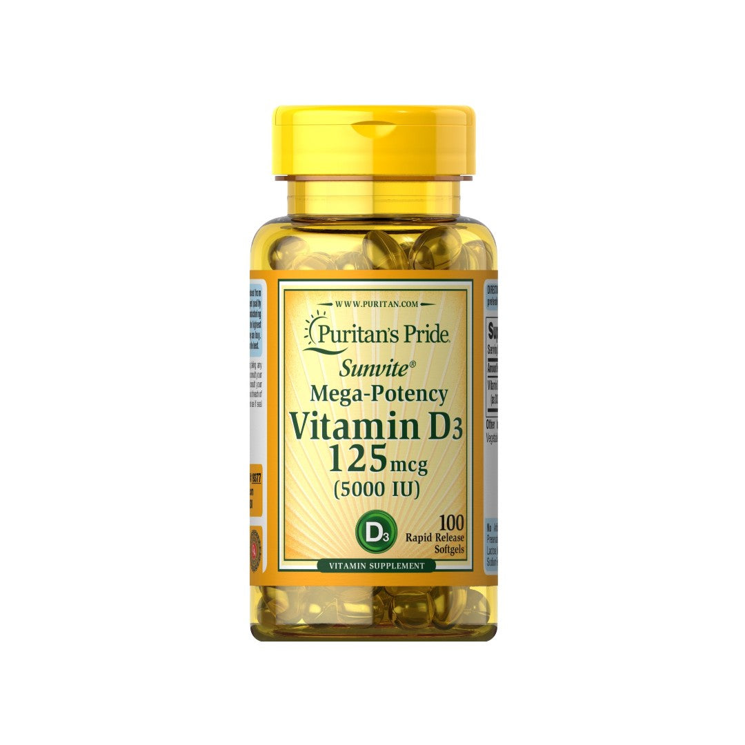 A bottle of Puritan's Pride Vitamins D3 5000 IU 100 Rapid Release Softgels, essential for calcium absorption and respiratory health.