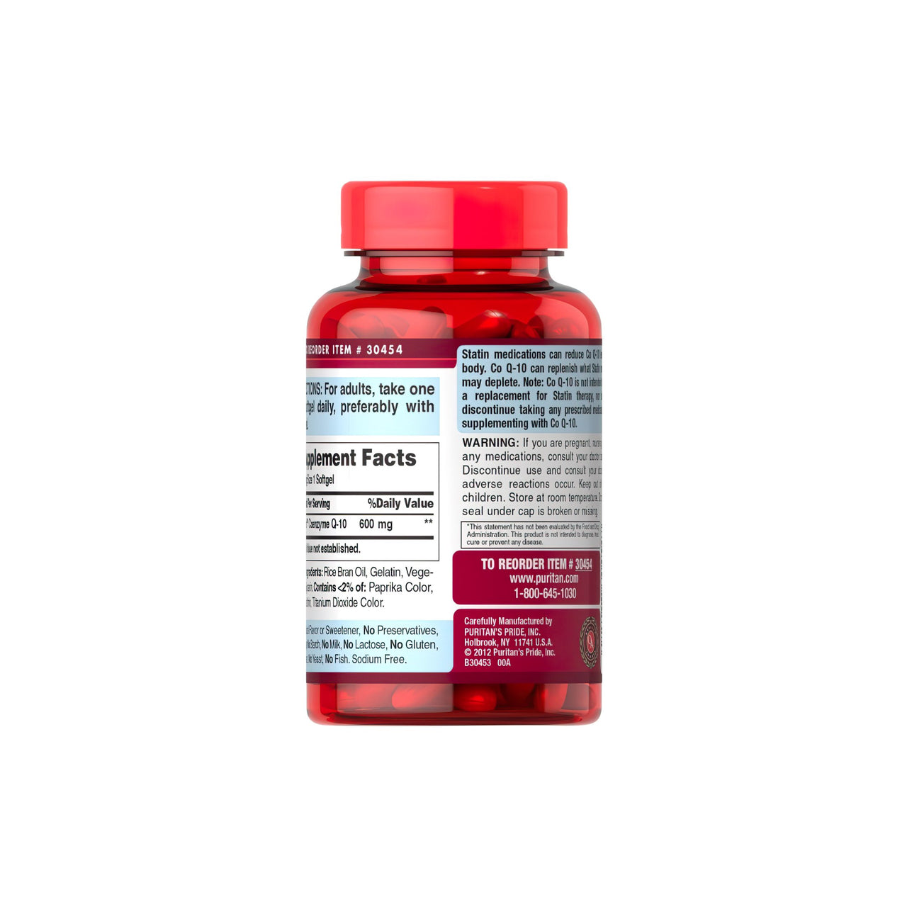 A bottle of Coenzyme Q10 600 mg 60 Rapid Release Softgels Q-SORB™ with a red label by Puritan's Pride.
