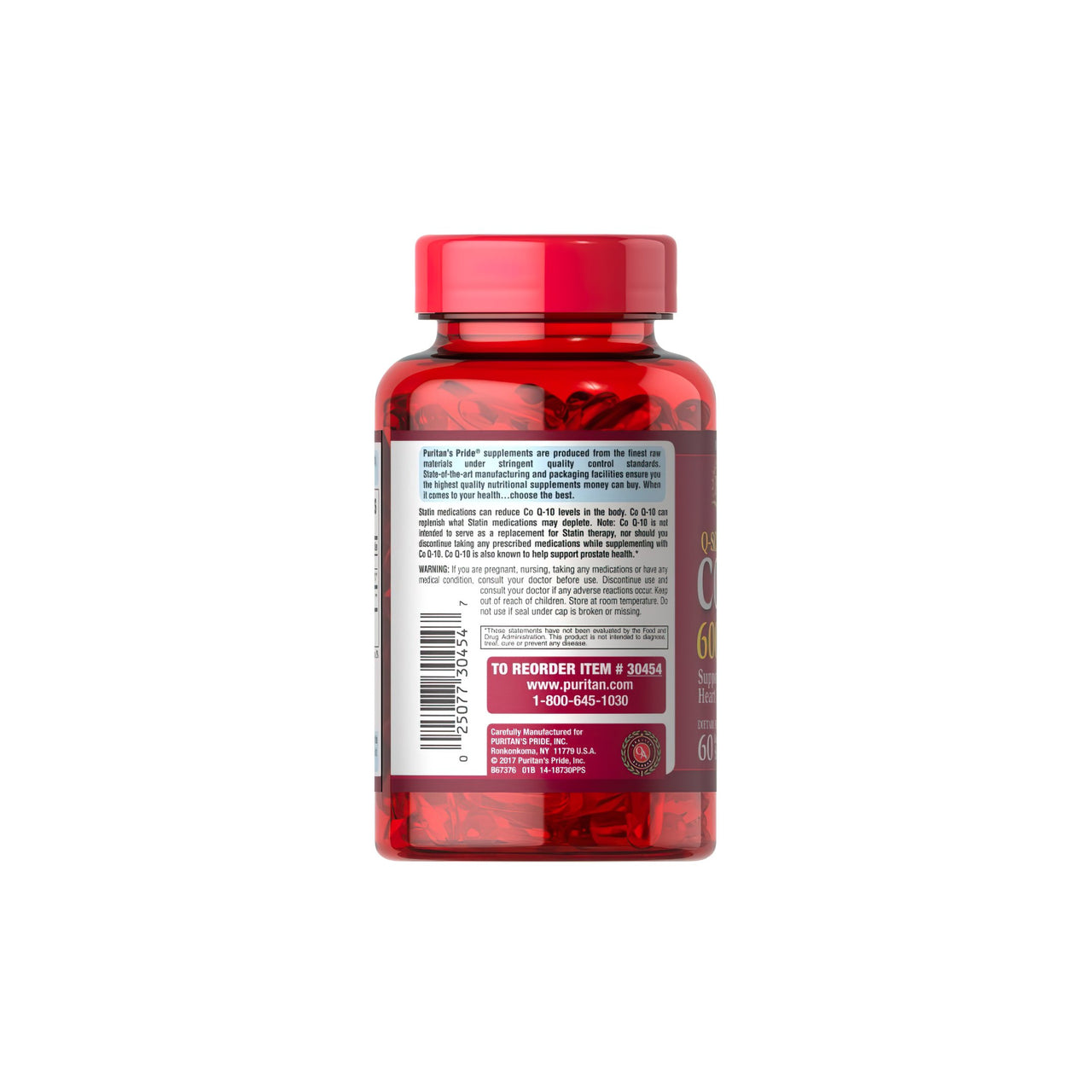 A bottle of Coenzyme Q10 600 mg 60 Rapid Release Softgels Q-SORB™ by Puritan's Pride on a white background.
