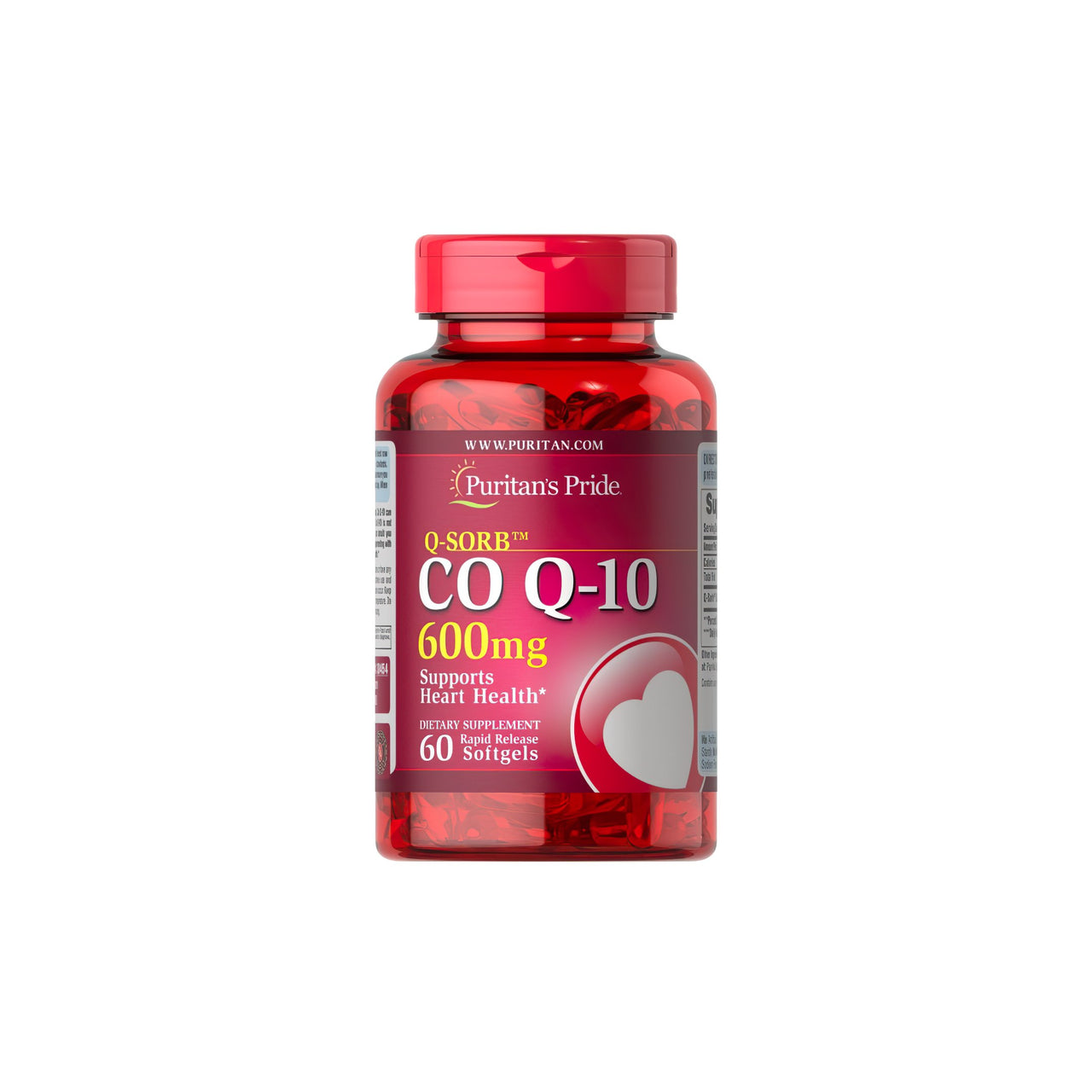 A bottle of Coenzyme Q10 600 mg 60 Rapid Release Softgels Q-SORB™ with a red heart. (Brand: Puritan's Pride)