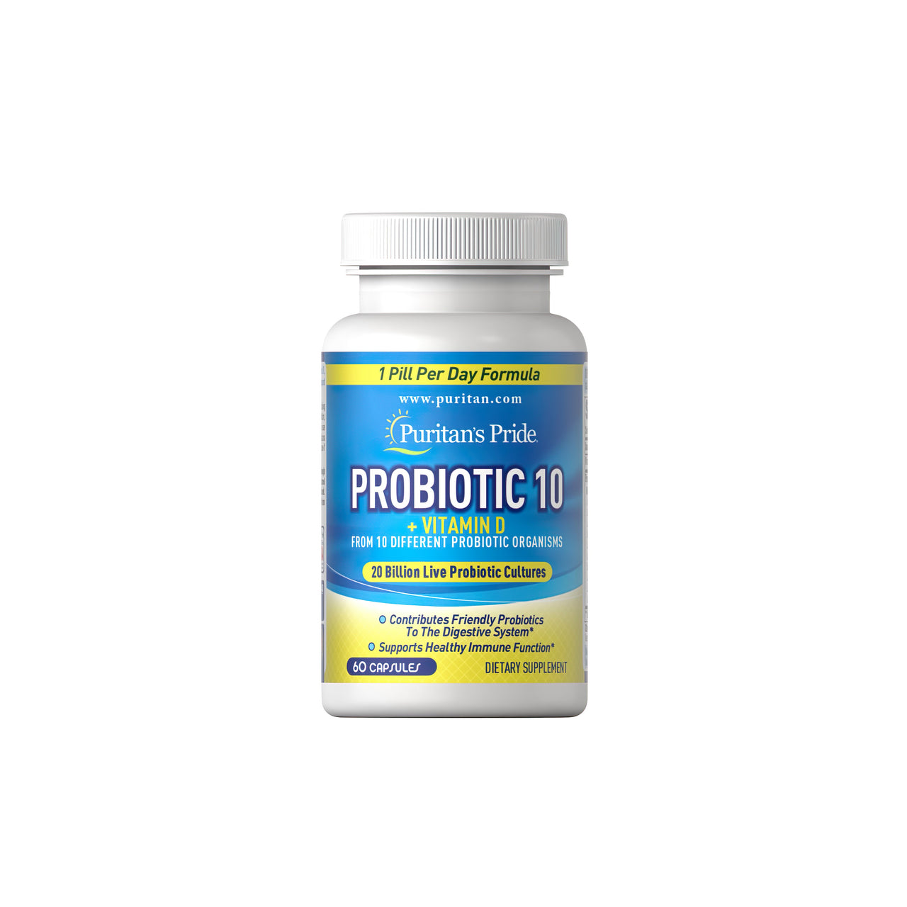 A bottle of Probiotic 10 plus Vitamin D3 1000 IU 60 caps from Puritan's Pride.