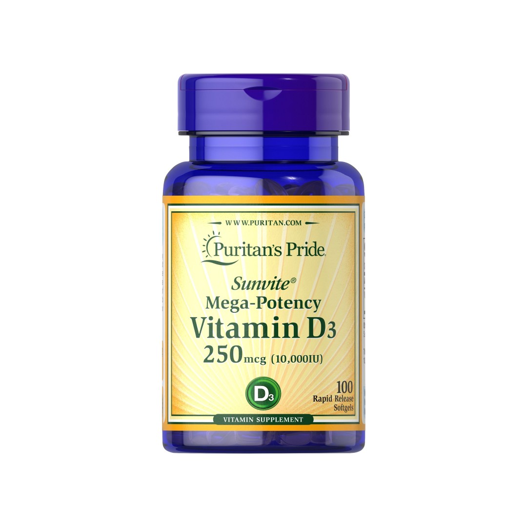 A bottle of Vitamins D3 10000IU 100 sgel, essential for calcium absorption and immune function, by Puritan's Pride.
