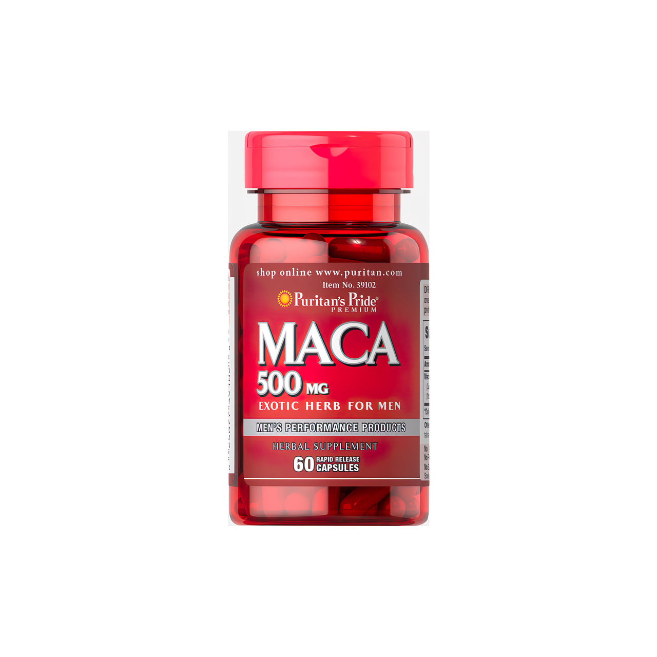 A bottle of Puritan's Pride Maca 500 mg 60 Rapid Release Capsules.
