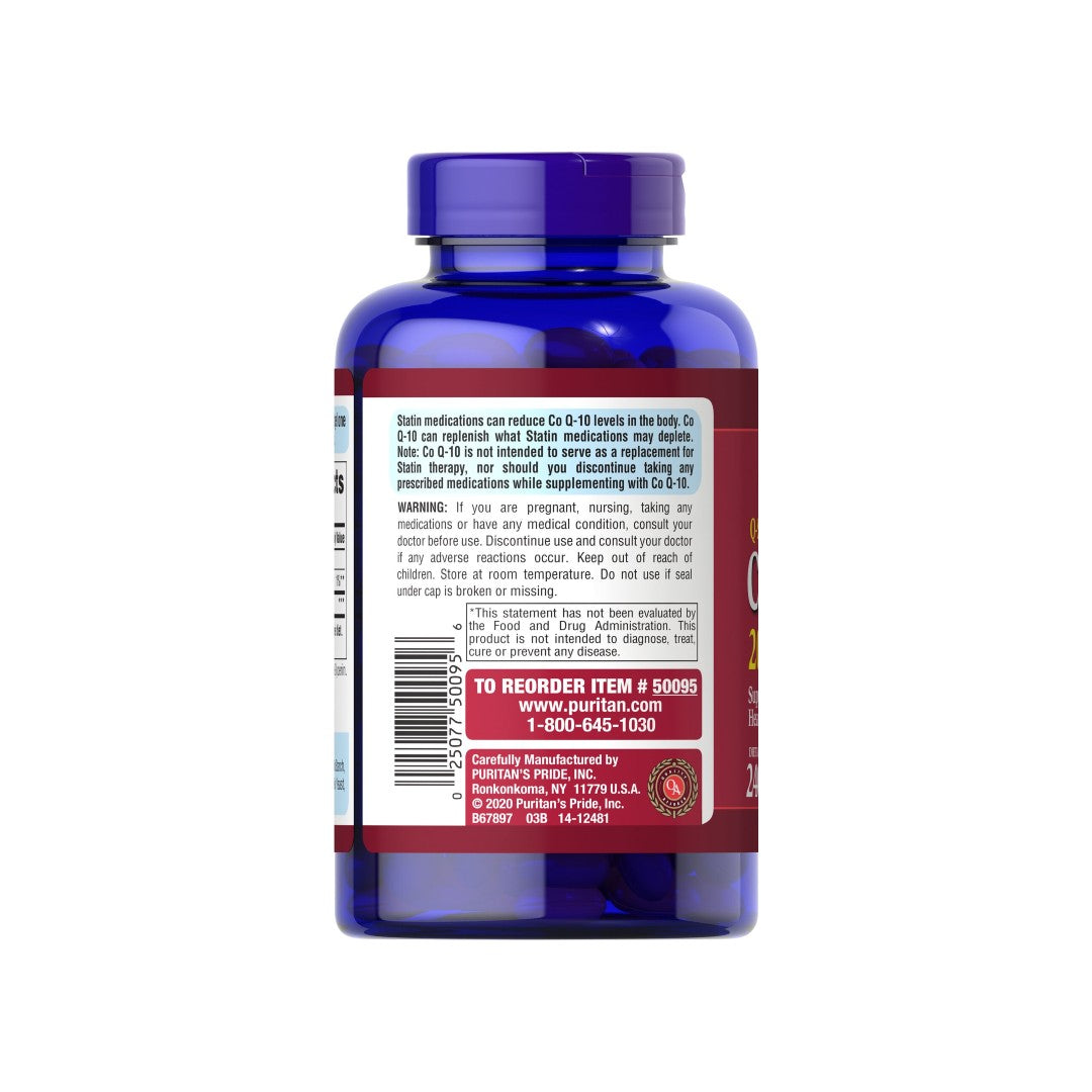 The back of a bottle of Coenzyme Q10 - 200 mg 240 Rapid Release Softgels Q-SORB by Puritan's Pride.