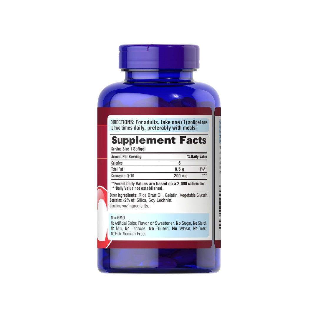 A bottle of Coenzyme Q10 - 200 mg 240 Rapid Release Softgels Q-SORB supplement by Puritan's Pride.