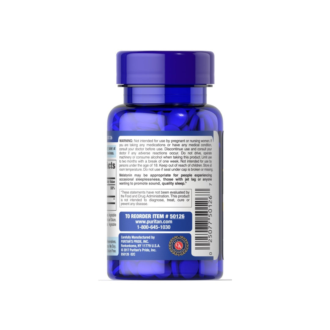 The back of a blue bottle of Puritan's Pride Melatonin 5 mg with B-6 120 Tablets Timed Release.