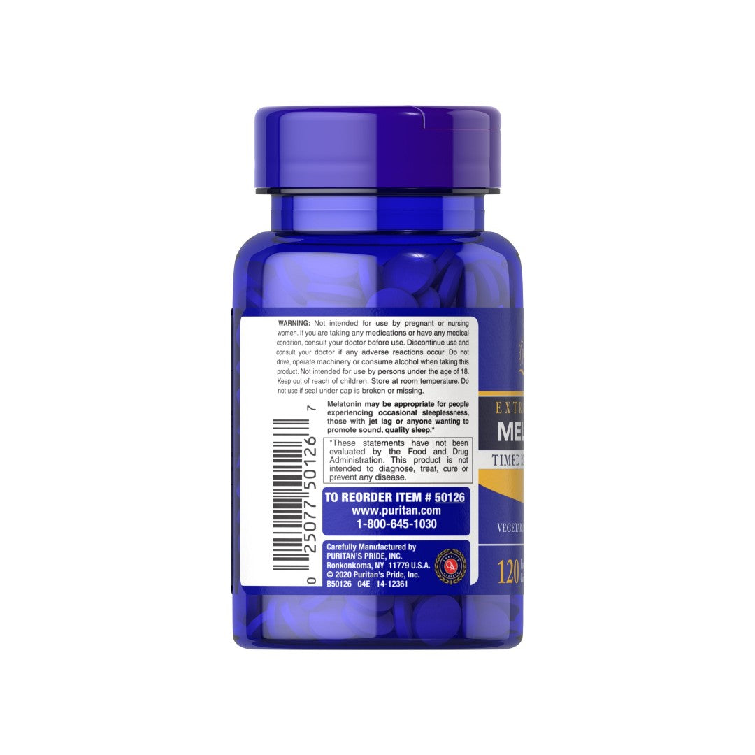 A bottle of Melatonin 5 mg with B-6 120 Tablets Timed Release capsules by Puritan's Pride on a white background.
