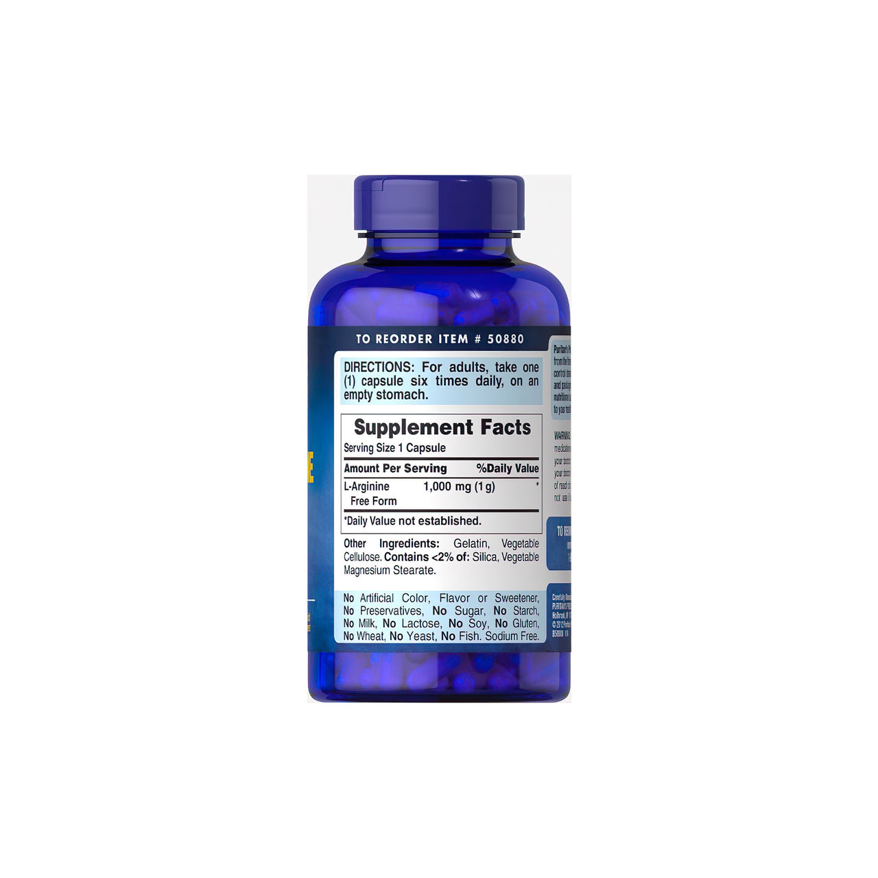 L-arginine 1000 mg Free Form 100 Rapid Release Caps - supplement facts