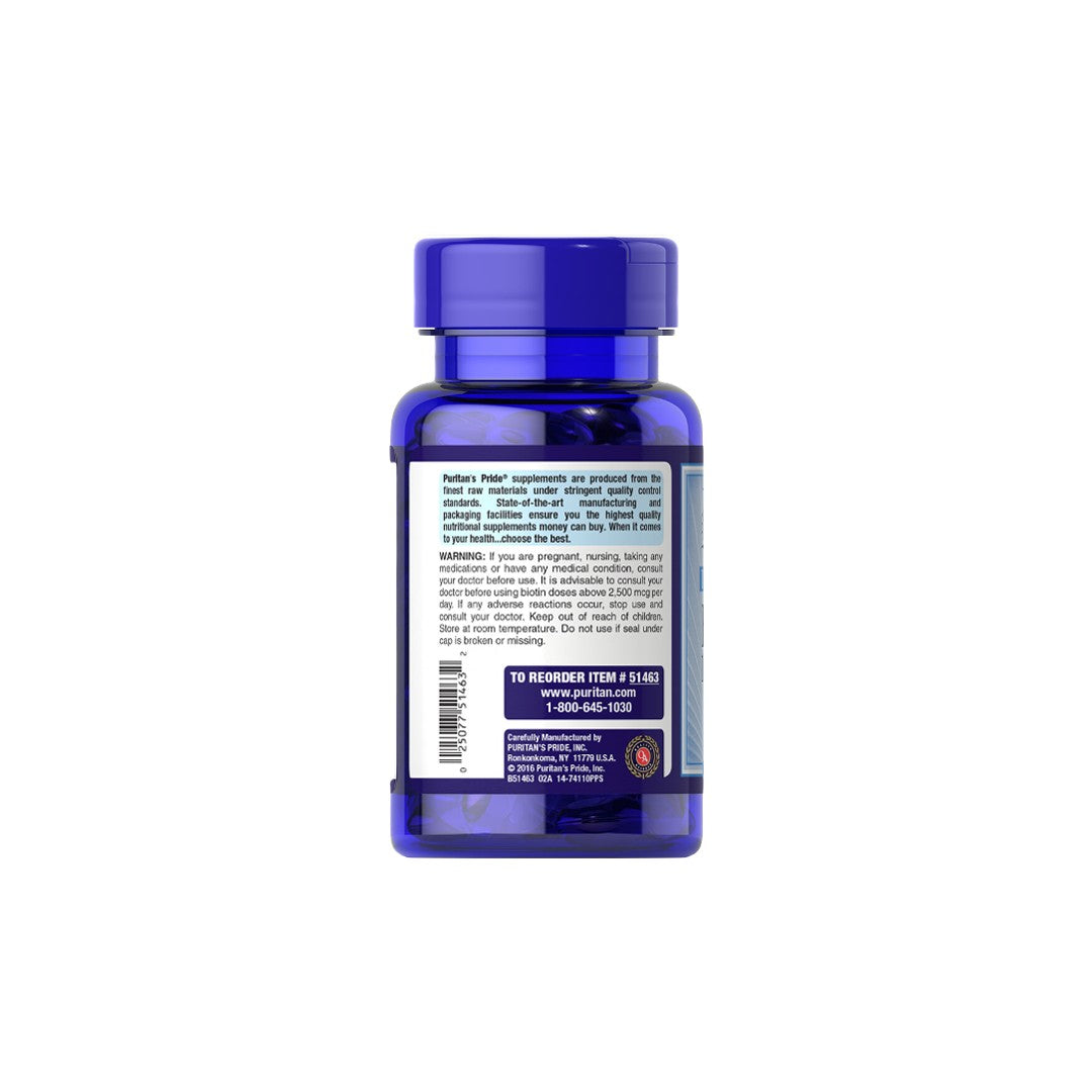 Dietary supplement bottle of Puritan's Pride Biotin - 10000 mcg 50 softgels.