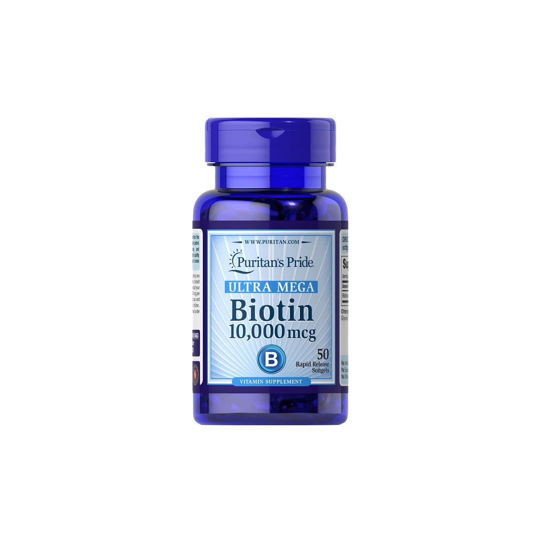 A dietary supplement bottle of Puritan's Pride Biotin - 10000 mcg 50 softgels against a white background.